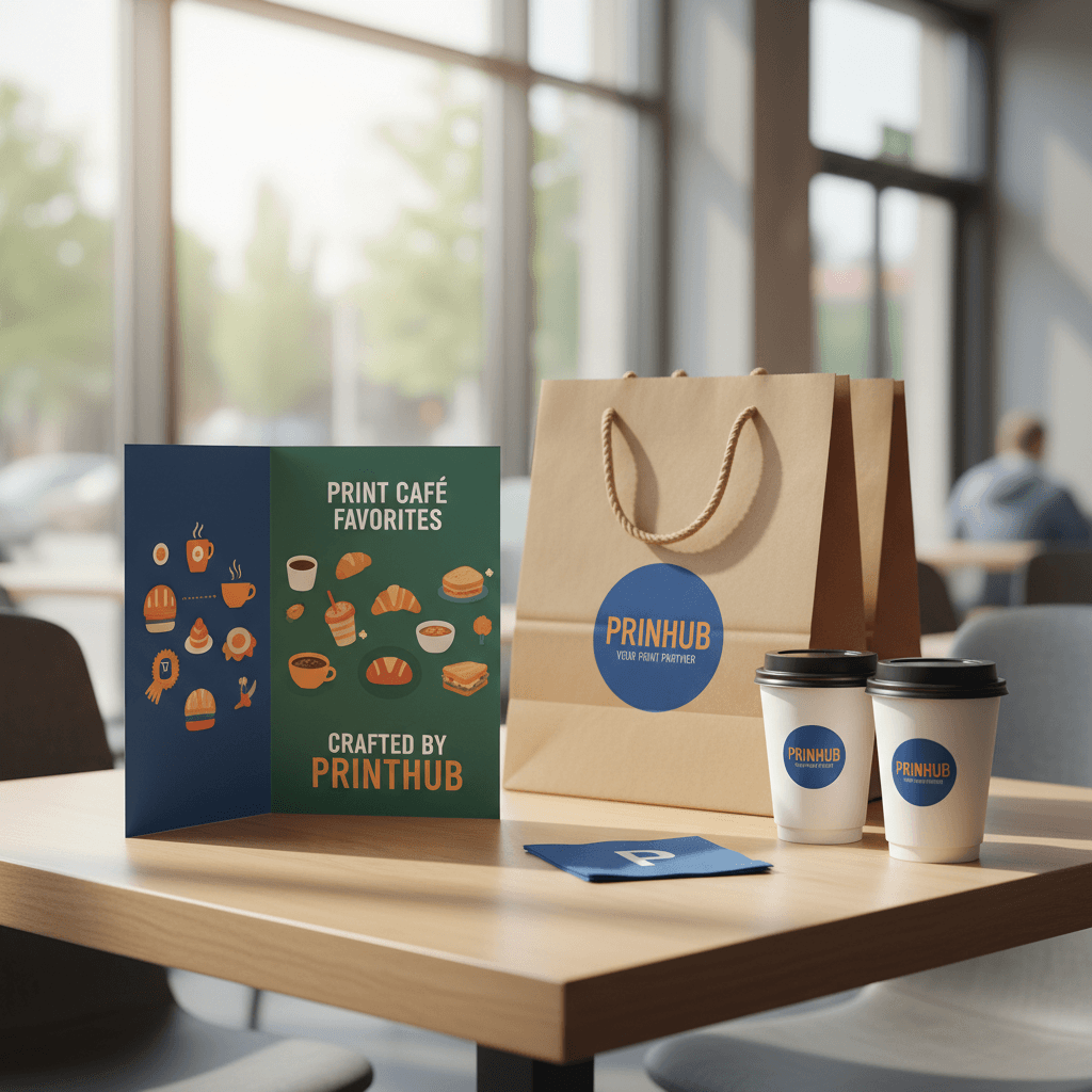 Printed restaurant menu and branded takeout items in a modern café setting