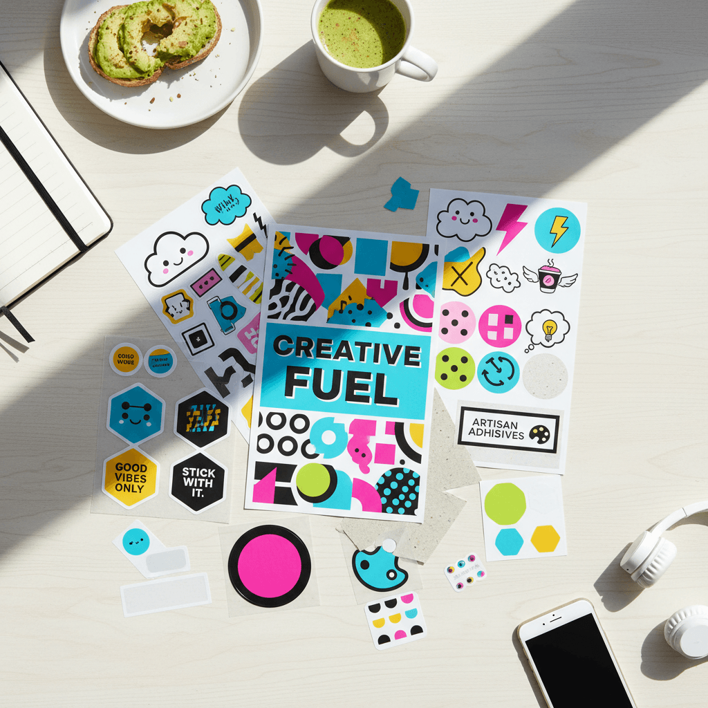 Assorted printed stickers and labels showing color variety and design