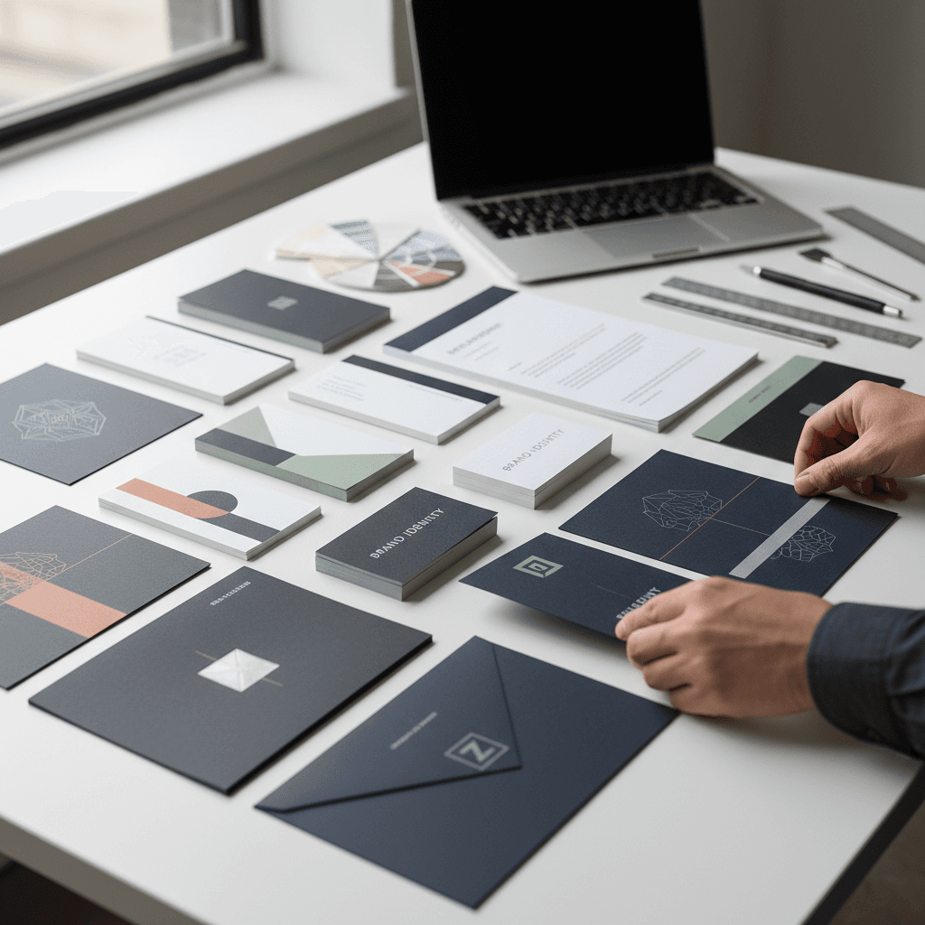 Printed materials showcase including business cards, flyers, stickers, and banners arranged on white surface