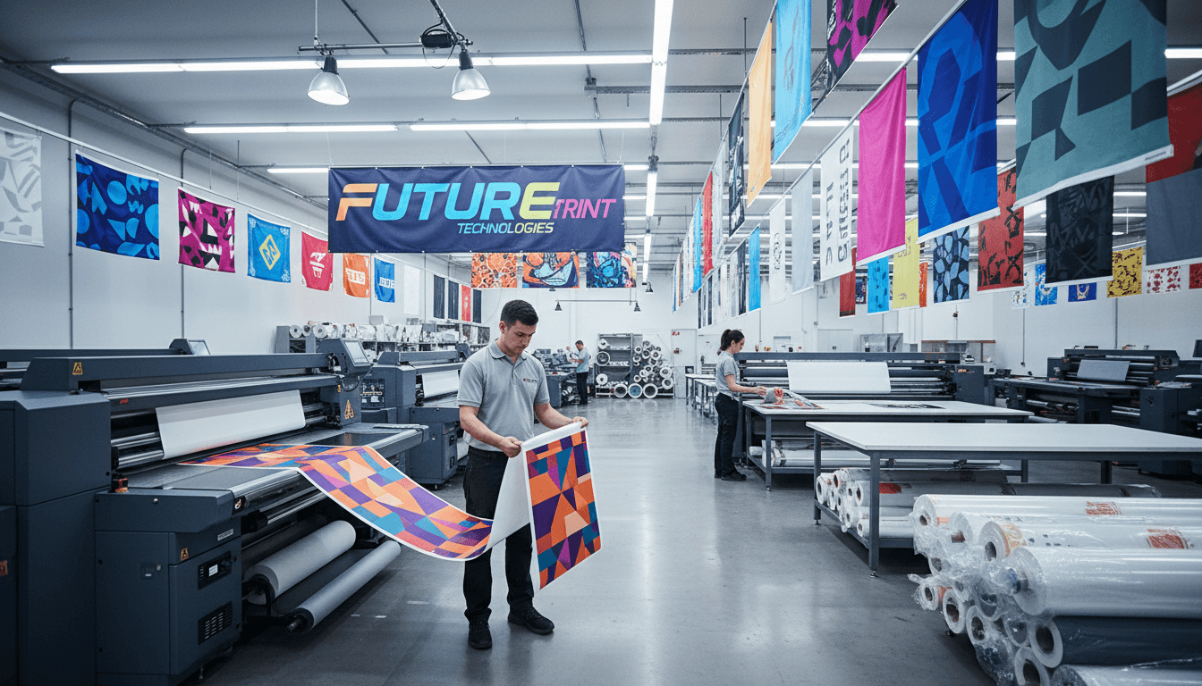 Production facility technician examining freshly printed colorful promotional banners on modern large-format printing floor