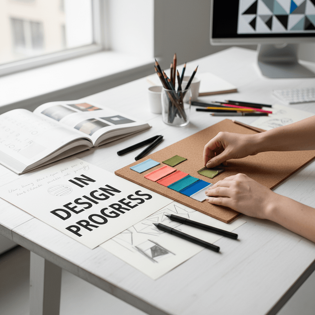 Event posters and design materials in creative workspace