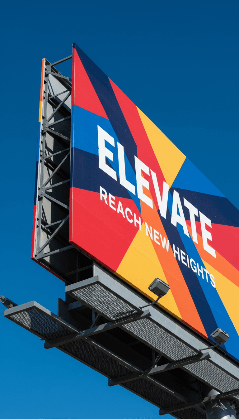 Close-up low-angle view of a vibrant billboard structure against sky, showcasing bold graphics and professional installation hardware