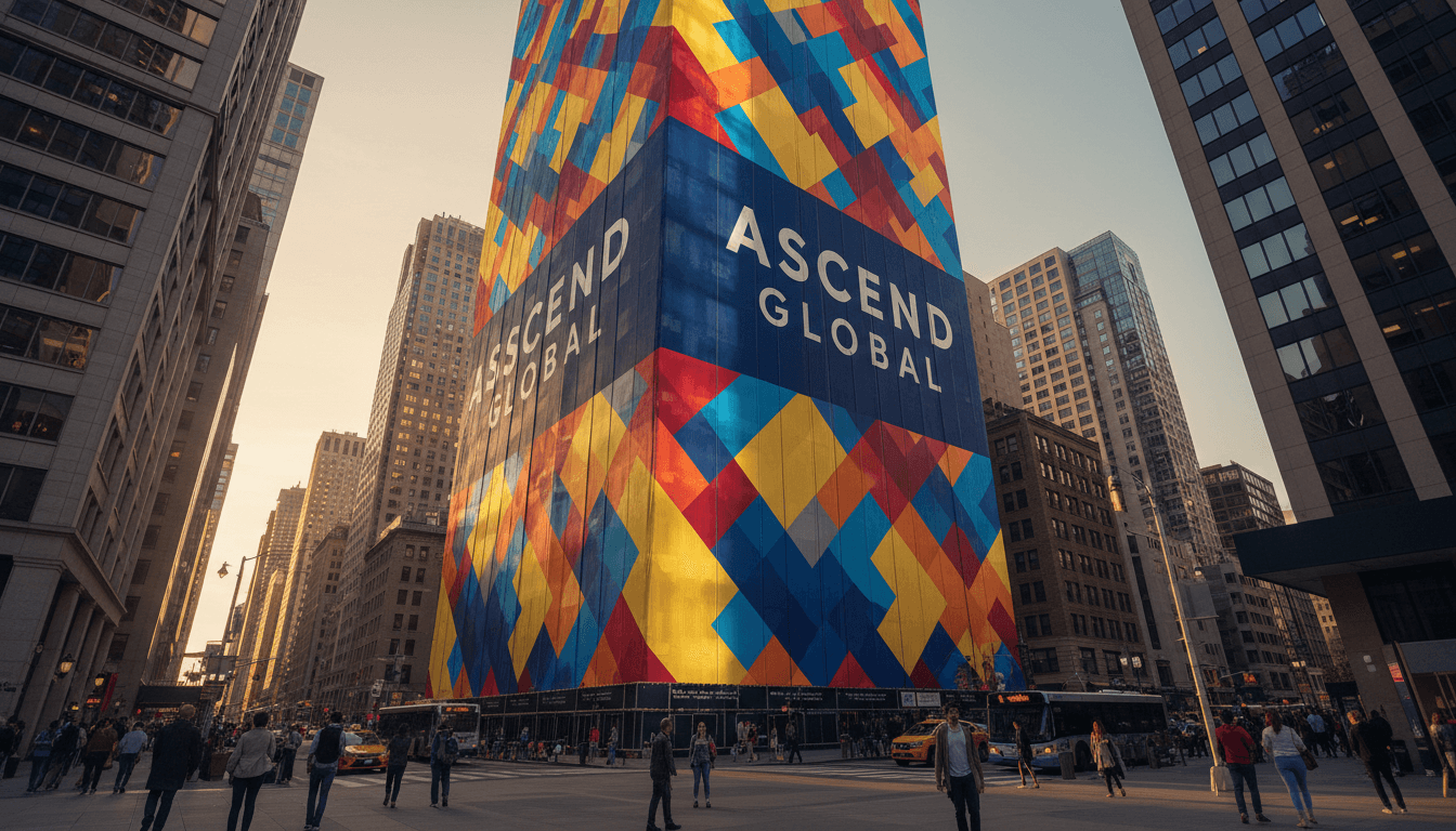 Large promotional banner installation with bold graphic design