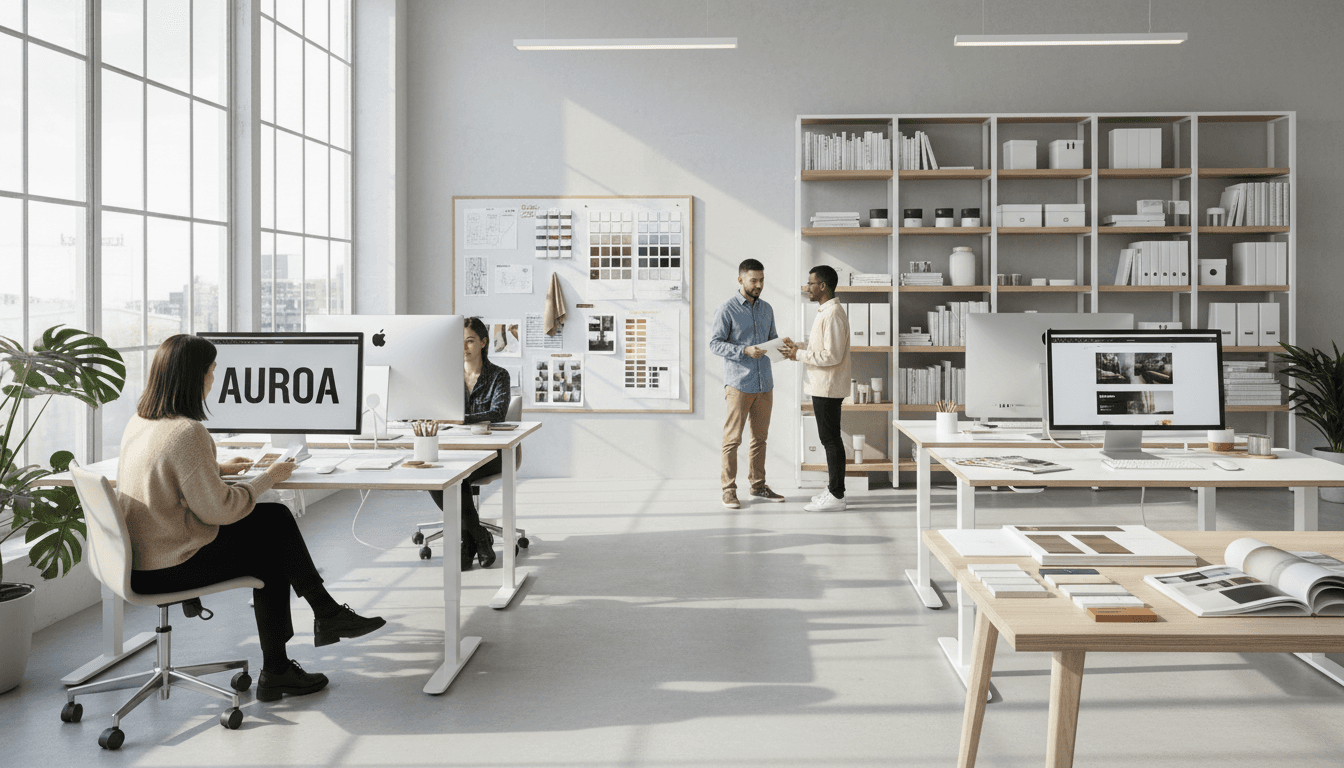 Marketing agency workspace with designer reviewing PrintHub printed materials and samples
