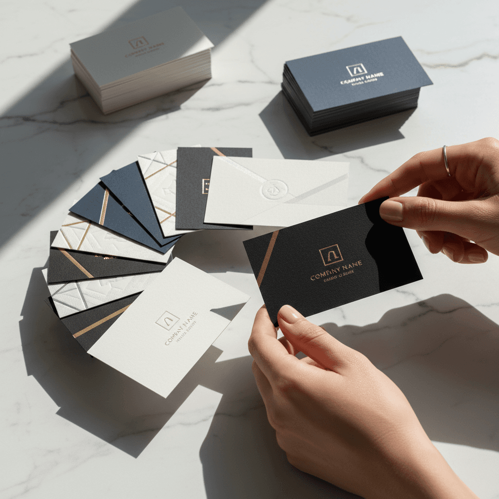 Designer hands arranging fanned business cards showing various colors, finishes, and embossed textures on white marble surface