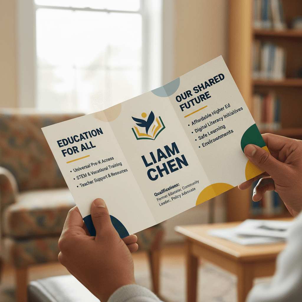 Close-up of hands holding campaign brochure about education policy and candidate qualifications in natural light