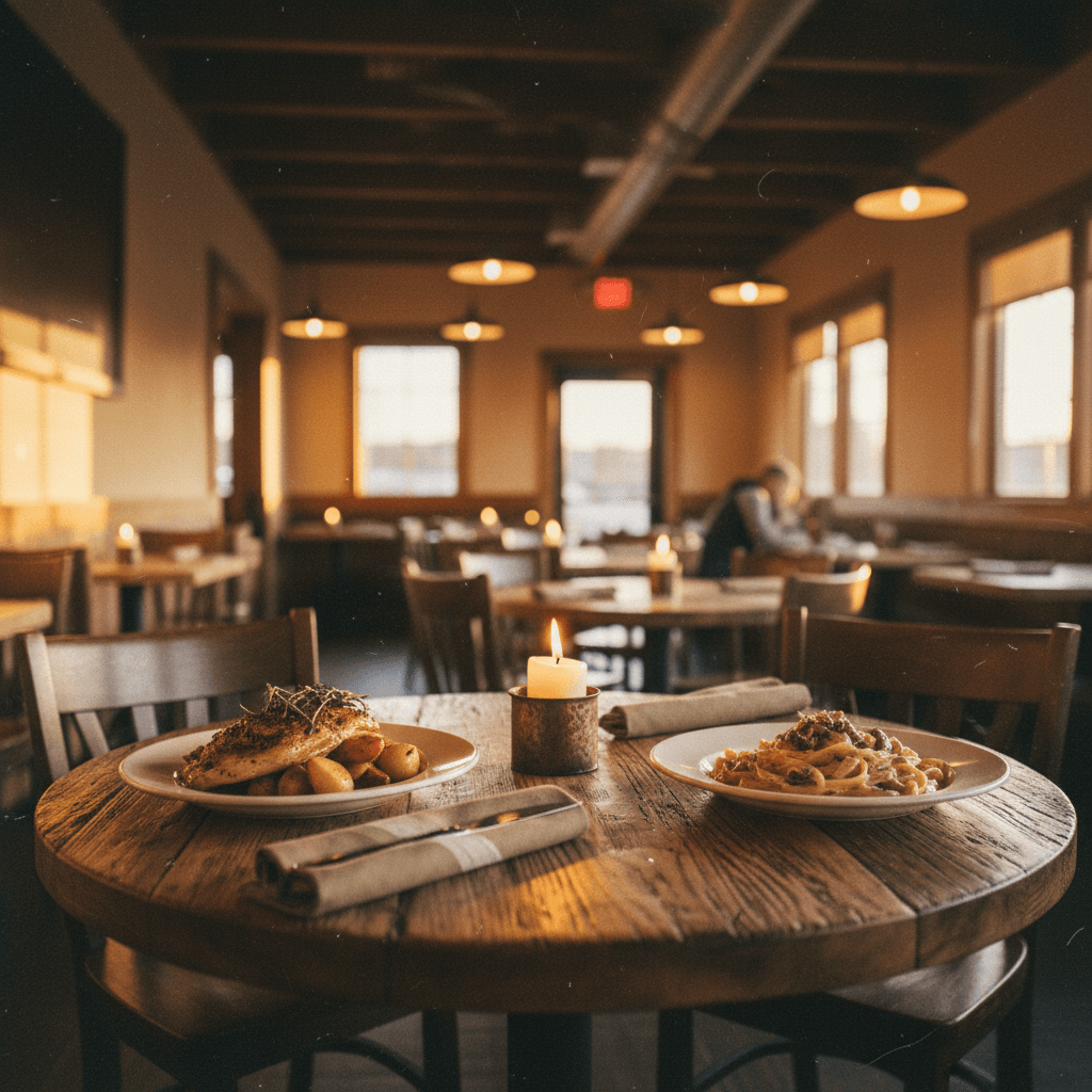 Restaurant printed materials arranged on a dining table