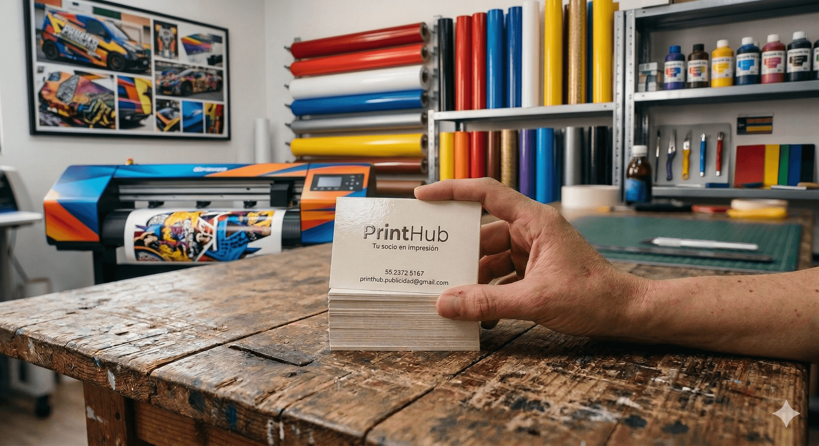 Hand holding PrintHub business cards on a wooden workbench in a professional printing studio.